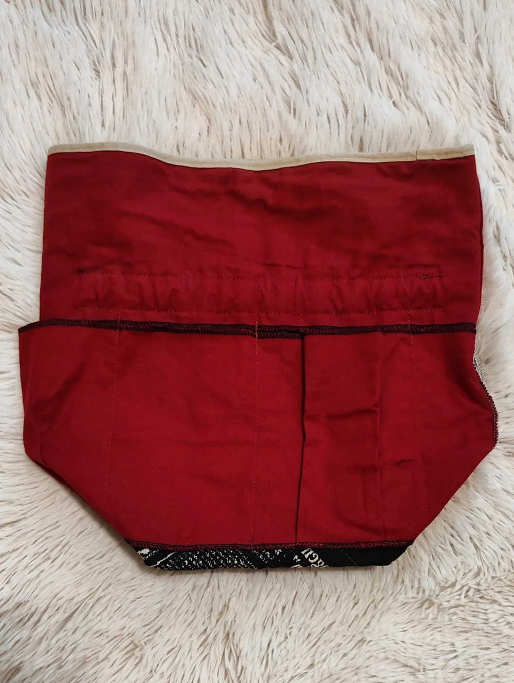 Vintage Style Drawstring Pouch Black Cream Newsprint Red Lining Travel Organizer